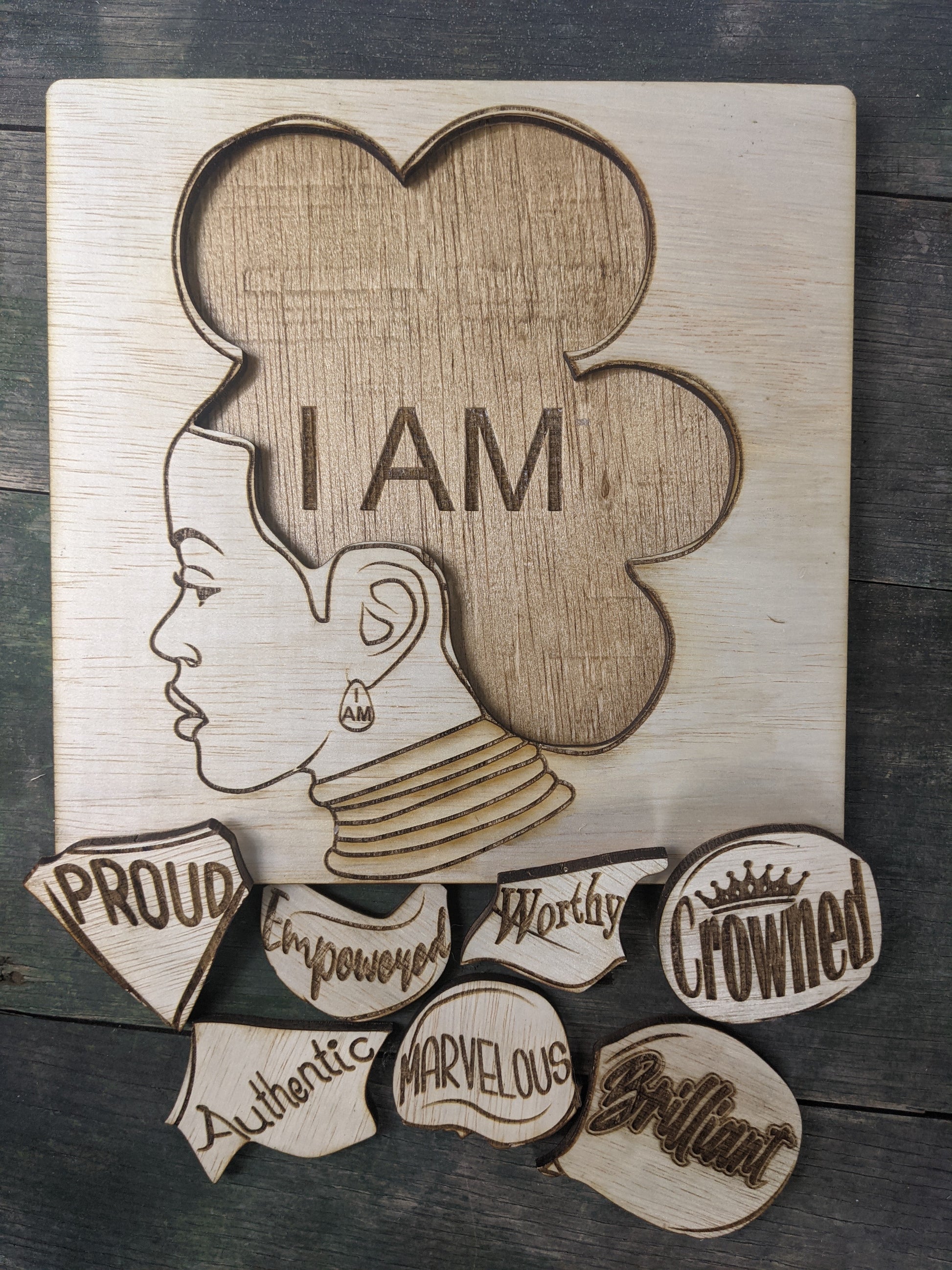 "I AM" Affirmations Puzzle - Crowned Woman pieces out Brilliant Worthy Empowered Authentic Crowned Marvelous Proud