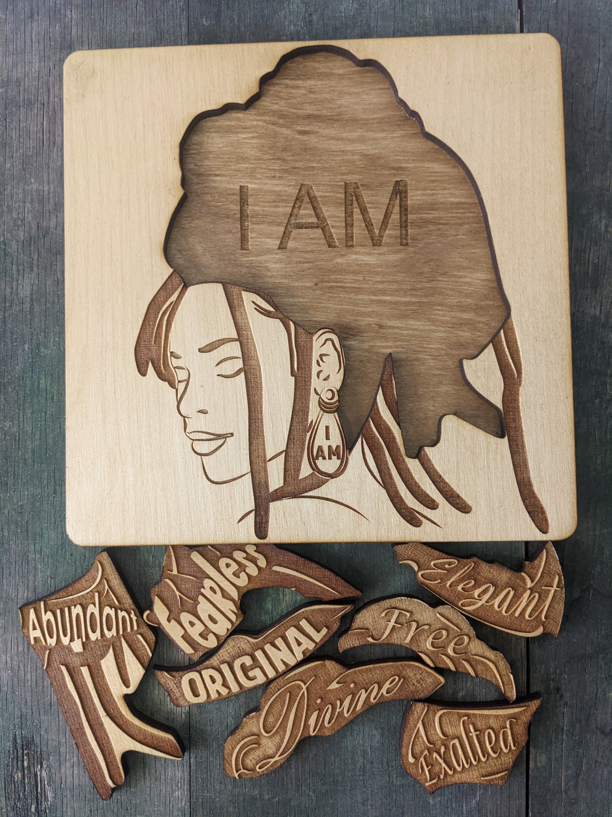 I AM Affirmations Puzzle - Loc'd Woman pieces out Exalted Original Divine Free Elegant Fearless Abundant