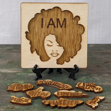 Load image into Gallery viewer, I AM Affirmations Puzzle - Afro Woman  pieces out Happy Loving Strong Confident Queen Magic Gifted Powerful
